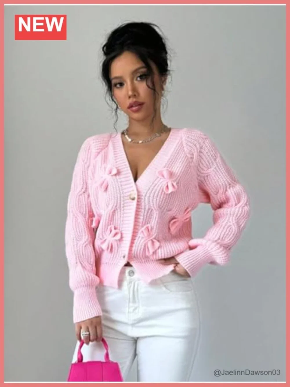Cropped Bow Chunky Knit Cardigan Open Front Long Sleeve Button Up Sweater
